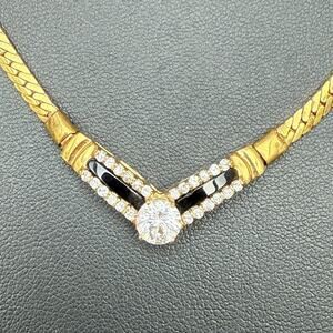 14KGE Gold Electroplated CZ & Onyx Chevron Herringbone Necklace Signed LIND 20”